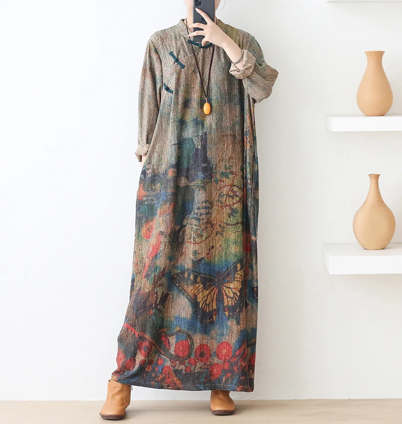 New Autumn Maxi Dresses for Women Vintage Loose Long Sleeve Dress Women Knitting RetroRabbit Hair Printed Robe Winter Vestidos