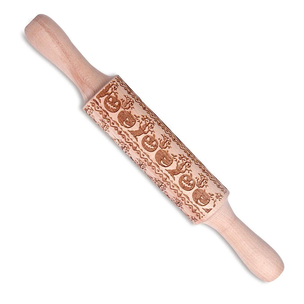 14 Inch Halloween Embossing Rolling Pin Baking Cookies Noodle Biscuit Fondant Cake Baking Tool Dough Engraved Roller Wooden