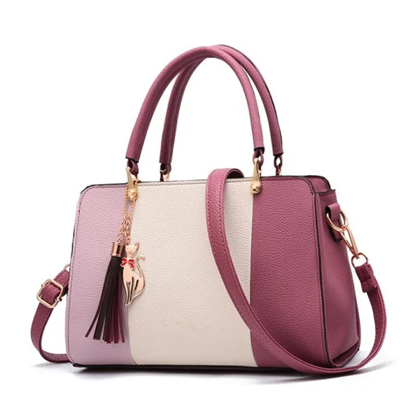 Модная Лоскутная цветная сумка на плечо для женщин Средняя сумка кошелек офисные женские сумки через плечо ручное украшение с кисточкой сумки - Цвет: Dark Pink