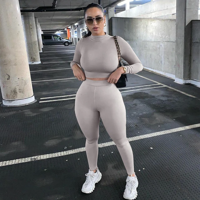 Fashion Outfits Workout Sets for Women 2 Piece Ribbed Long Sleeve Zipper V  Neck Crop Tops High Waist Drawstring Leggings Yoga Outfit