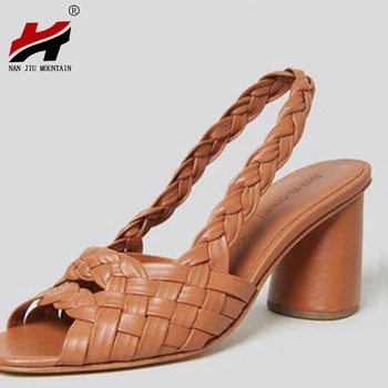 

NAN JIU MOUNTAIN Summer Sandals Thick Heel Open Toe Braided Backband Solid Color Temperament Women's Shoes Plus Size 34-43