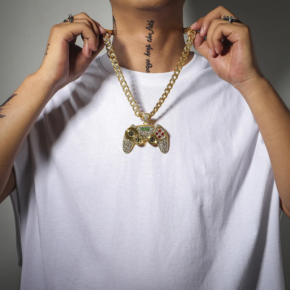 Necklace for Men Women Hip Hop Iced Out Bling Console Handle Pendant Necklaces Miami Gold Cuban Link Chain Choker Jewelry