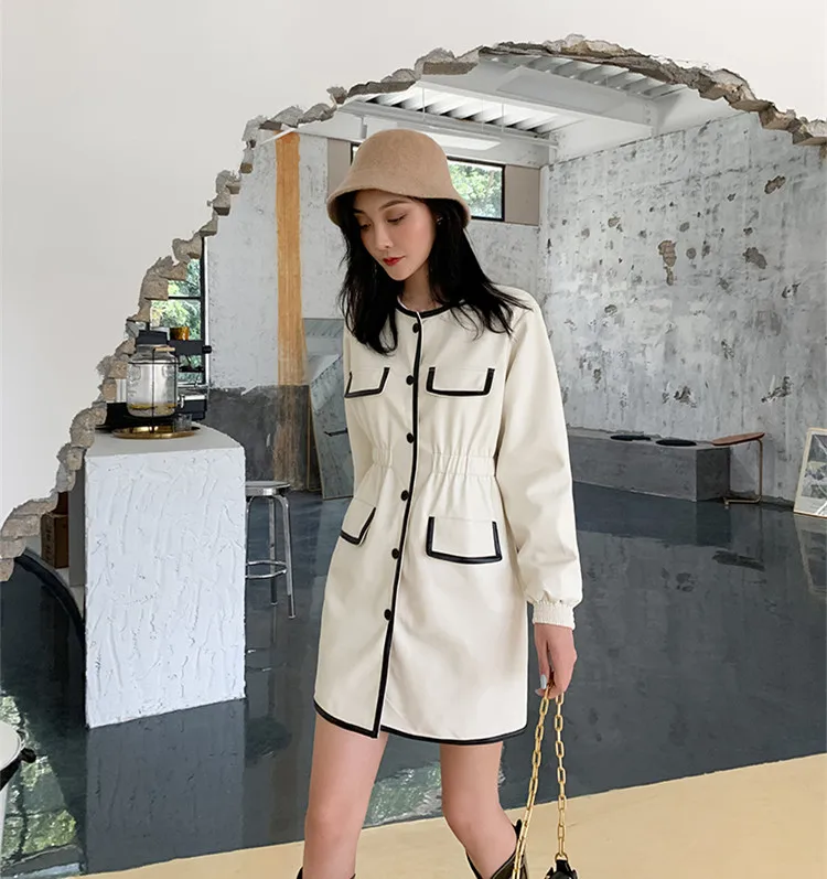 Уличная мода WHITNEY WANG цвета контрастная окантовка PU мини-платье женское элегантное офисное женское платье