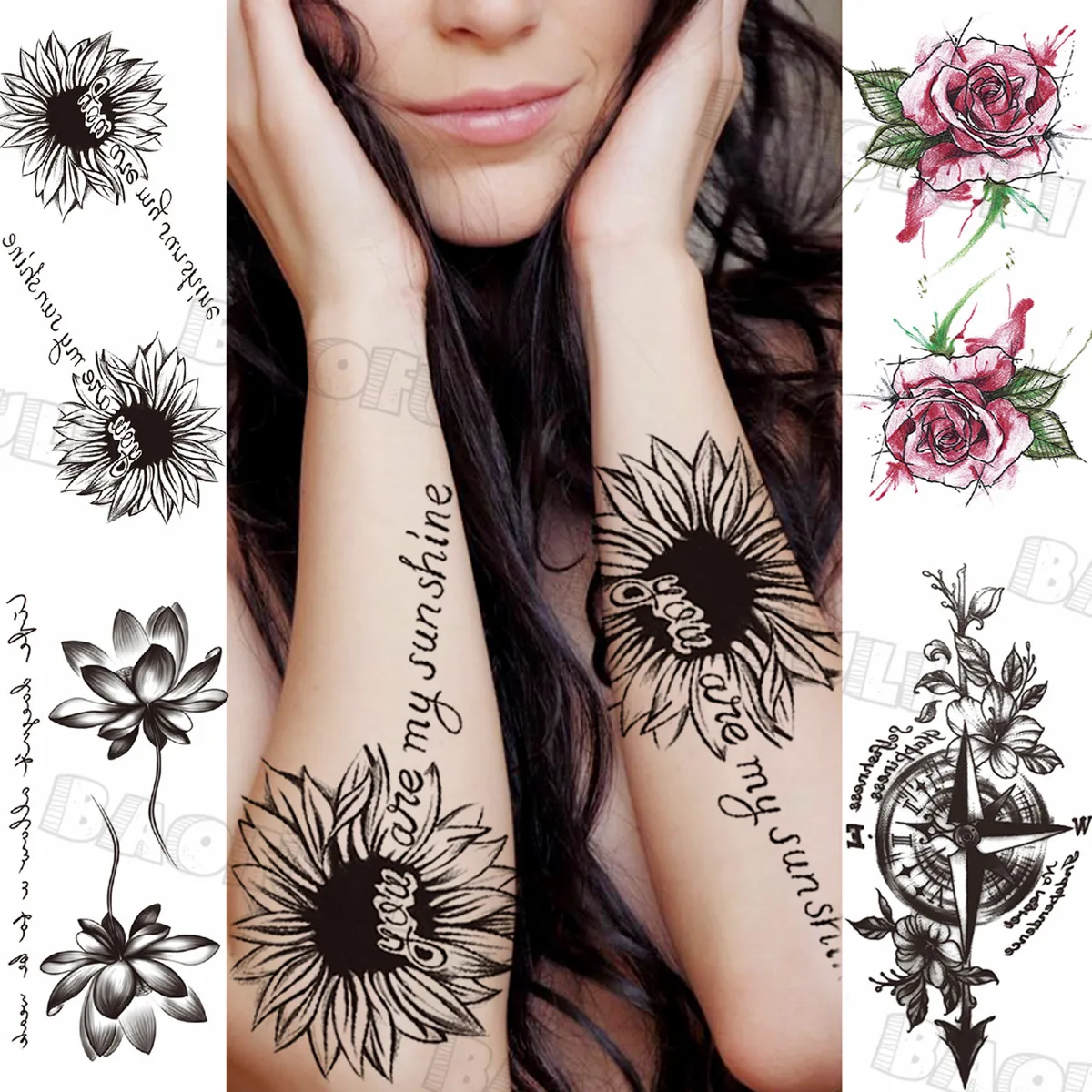 Lettere di girasole nero tatuaggi temporanei per le donne ...