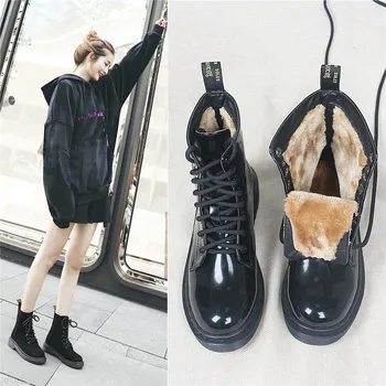 

Winter Women Patent Leather Boots Quality Warm Fur Plush Motorcycle Snow Boots Black Street Women Ankle Boots Ladies Fur Shoes
