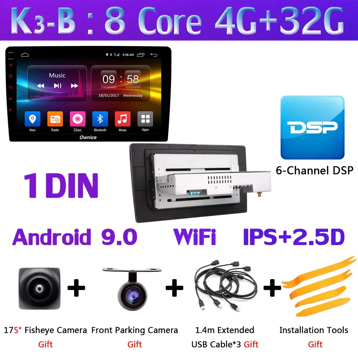 1 Din-K3-B Ownice K3 ультратонкий 1 din Android 9,0 Quad/Octa Core 4G+ 32G Автомобильный мультимедийный плеер WiFi радио стерео gps навигация DSP CarPlay - Цвет: 1 Din-K3-B