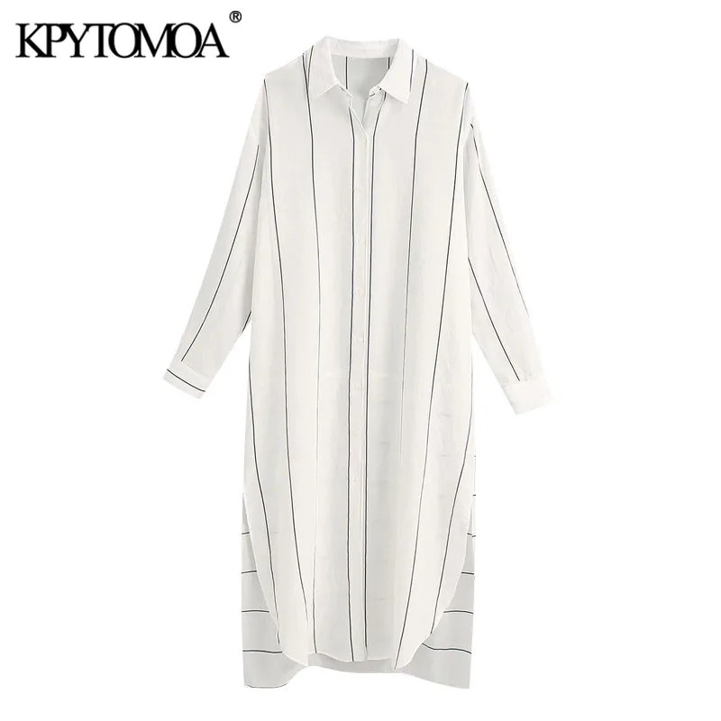 KPYTOMOA Women 2020 Chic Fashion Striped Button-up Loose Midi Shirt Dress Vintage Long Sleeve Side Vents Female Dresses Vestidos KPYTOMOA Women 2020 Chic Fashion Striped Button-up Loose Midi Shirt Dress Vintage Long Sleeve Side Vents Female Dresses Vestidos