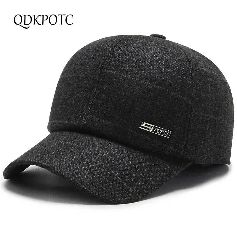 QDKPOTC, осенне-зимняя шапка для мужчин среднего и старшего возраста, утепленная, сохраняет тепло, защита ушей, бейсбольная кепка s, хлопковая, Регулируемая Кепка для отдыха - Цвет: Черный