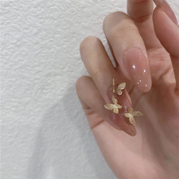 

Princess style Cream pink pure color with golden butterfly 3d decorated fake nails bride cute false nails lady full nail tips