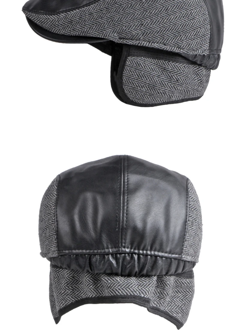 HT3745 Berets Männer Neue Winter Hut Leder Flache Kappe Männlich Plus Größe Baskenmütze Hut Vintage Baskenmütze Kappe Papa Hüte mit Ohrenklappen – Detail 12