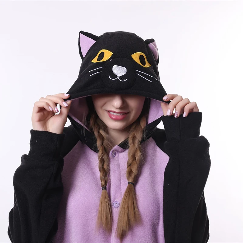 Кигуруми для взрослых женщин животных Черный кот Onesie живот фантазия цельный комбинезон флис свободные милые пижамы зимний спальный костюм
