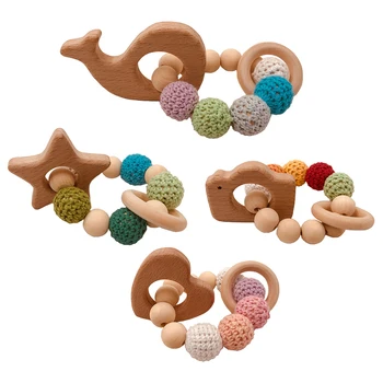 

Wooden Baby Teething Nursing Bracelet Cute Chew Ring Toy Beads Teethers Baby Rattle Oral Care Teeth Trolley Stroller Accessories