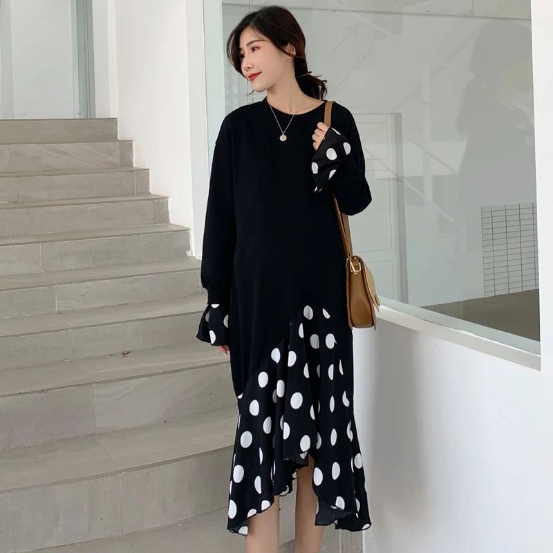 8139# осенне-зимняя корейская мода для беременных платье в черный горошек Лоскутная Одежда для беременных женщин элегантная одежда для беременных