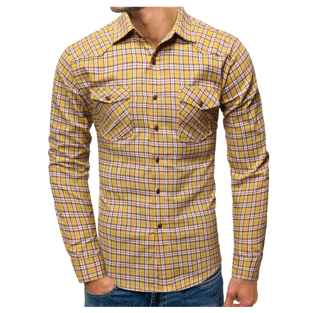 YE Camisa Masculina модная мужская клетчатая деловая повседневная с длинными рукавами желтая рубашка с отложным воротником из хлопка 19Aug20 P30 - Цвет: YE