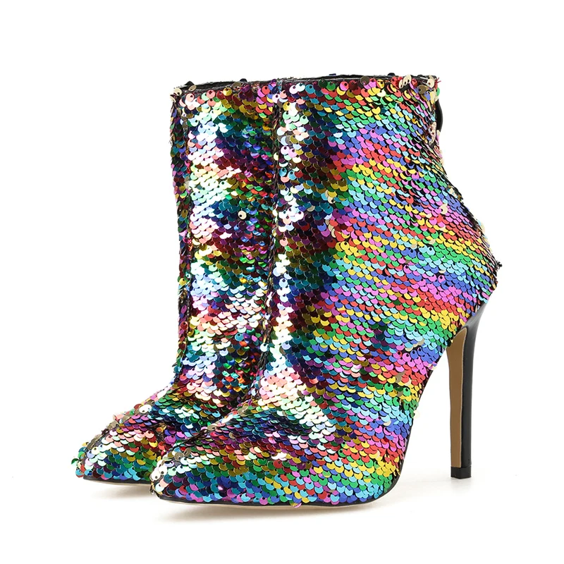 Роскошные женские Блестящие ботильоны; пикантные женские разноцветные сапоги на высоком каблуке 11,5 см; шикарная обувь персикового цвета; сезон осень-зима