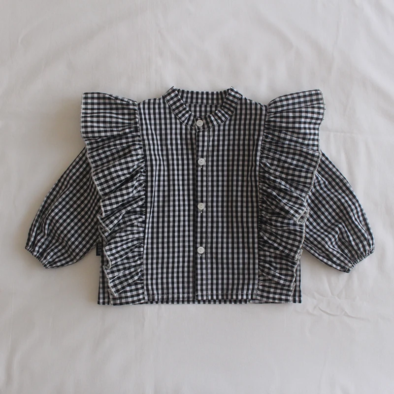 Kids Shirts Autumn Baby Girls Ruffles Princess Blouses Plaid Striped Long Sleeve Tops Korean Style Toddlers Kids Clothes Infants
