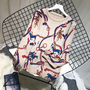 

thin soft women sweaters woman horse print carriage sweaters lady printed knitted pullovers knit wear coats tops