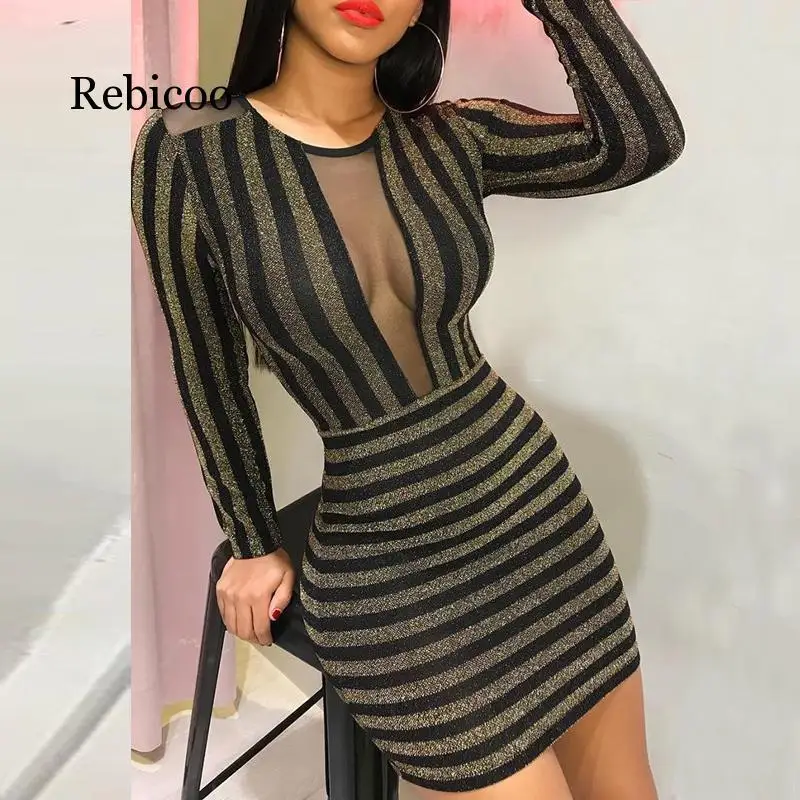 

Women Sexy Sheer Glitter Sheer Mesh Insert Party Dresses Long Sleeve O Neck See Through Sparkly Bodycon Dress Pencil Clubwear