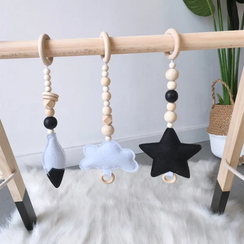 INS Nordic Felt Feather Cloud Star Wooden Beads Ornament Wall Hanging Pendant Baby Rattle Stroller Play Gym Toy Home Accessories