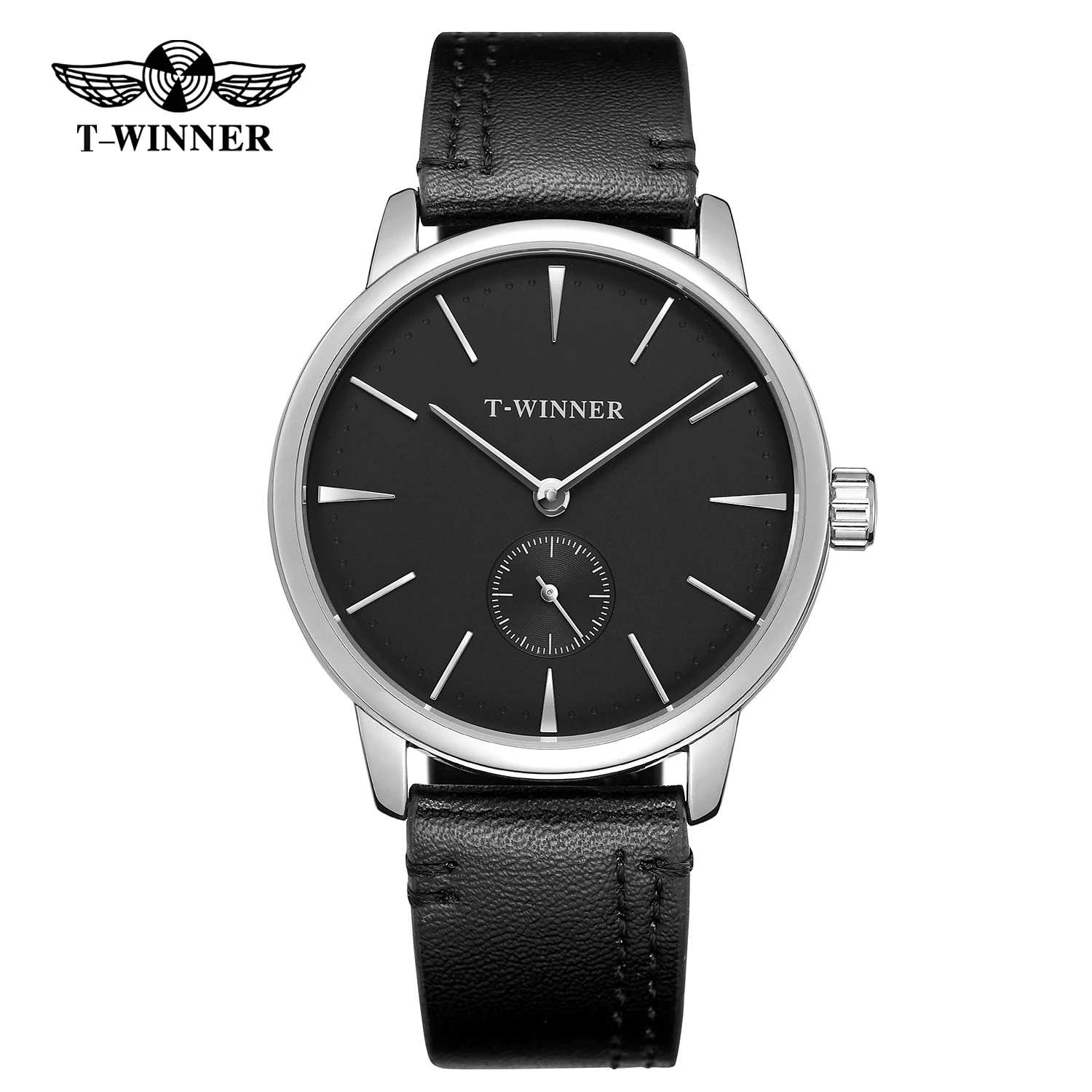 T-WINNER Modische, schlichte und lässige Herrenuhr mit schwarzem Zifferblatt, silbernem Gehäuse, schwarzem Lederarmband, automatische mechanische Uhr_voghion.com