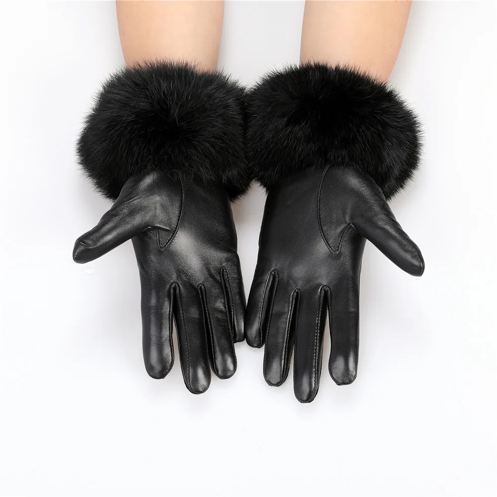 New Arrival Wholesale Women's Real Sheepskin Leather Gloves With Rabbit Fur Cuffs Female Cycling Warm gloves Fleece Lining