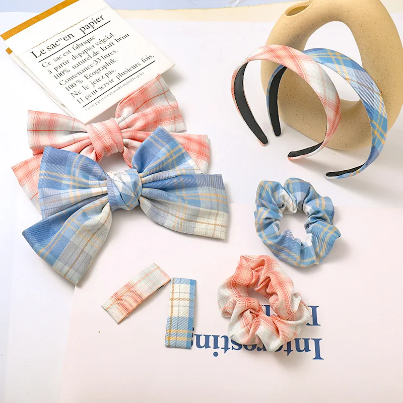 

Variety of 4 sets of JK girl big bow hairpin large intestine hair ring uniform fabric hair accessories set hair hoop lattice top