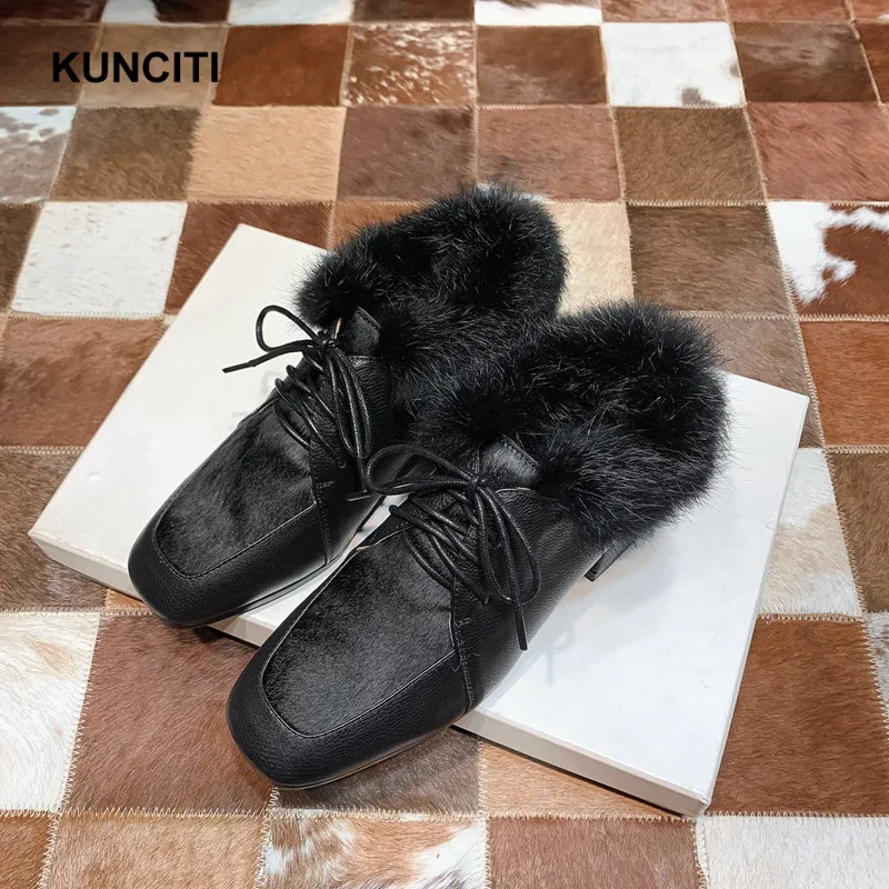 KUNCITI/пикантные Зимние Меховые Туфли-лодочки на шнуровке; женская теплая обувь с квадратным носком; Лоскутная обувь из меха пони; модная дизайнерская женская обувь на среднем каблуке; Новинка