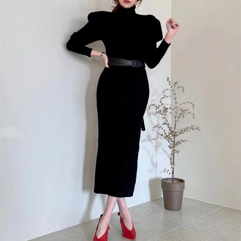 dresses women 2020 autumn winter korean clothes elegant turtleneck long sleeve black bodycon long dress sweater dress vestidos