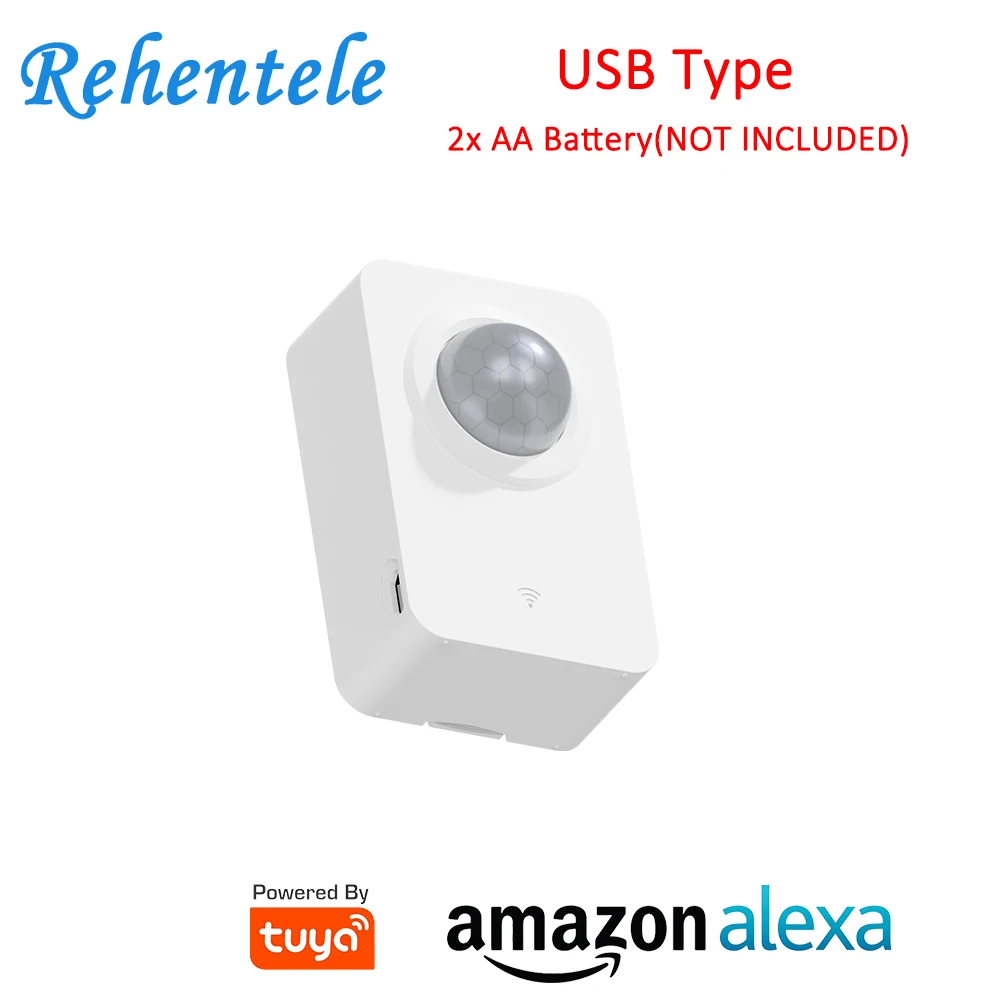 Alexa Supported Tuya Powered WIFI USB PIR Motion Sensor Detector APP Alert Notifications with 2x AA Battery ( Not Included )