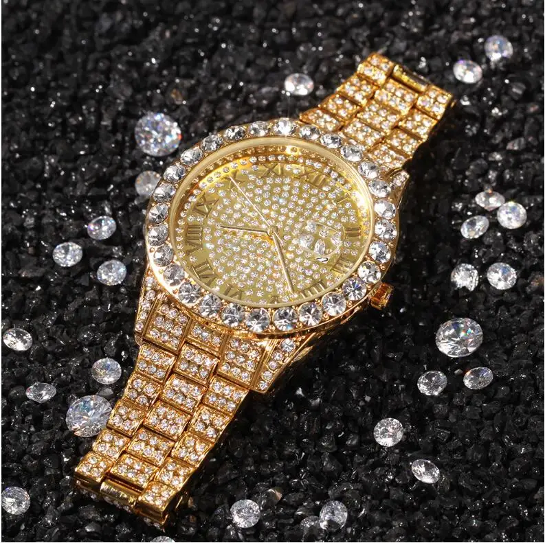 Мужские золотые часы класса «Люкс» Dia, полностью покрытые льдом, золотые бриллиантовые часы для мужчин, кварцевые часы, водонепроницаемые мужские наручные часы