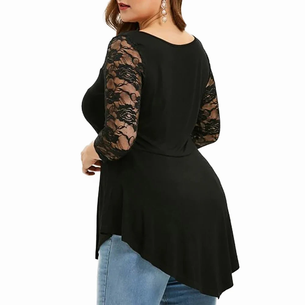 Large size Women blusas Sexy O-Neck Tshirt Plus Size 6XL Long Sleeve T-shirt Female Casual Hollow Lace Tees Tops Clothes D30