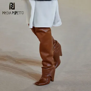 

Prova Perfetto Mature Classics Solid Color Microfiber Women's Knee-high Boots Square Toe Wedges High Heels Vulcanized Shoes 2020