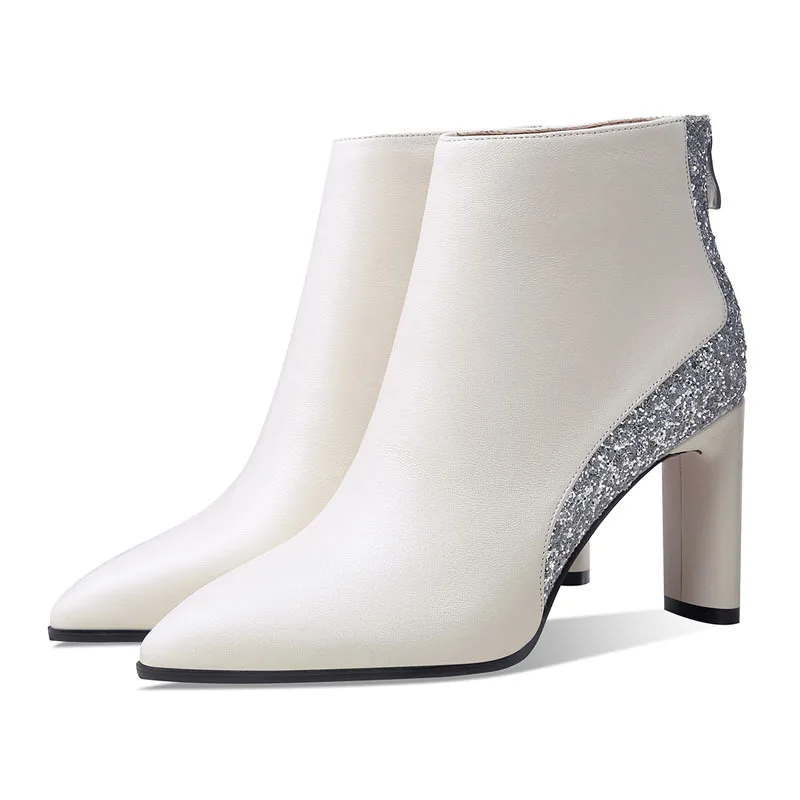 

Concise Mixed Colors Leather Ankle Boots Mature Strange Style Zipper High Heels Leisure Autumn Winter Short Plush Women Shoes