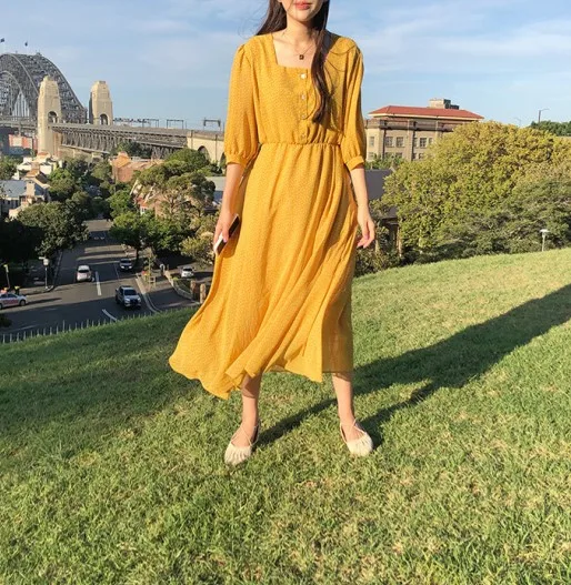 Цвет: желтый Summer летнее платье для девочек; Повседневное платье Boho OL; повседневное шифоновое в горошек с принтом; женские платья с длинными рукавами; женское платье; Robe femme Vestido - Цвет: Цвет: желтый