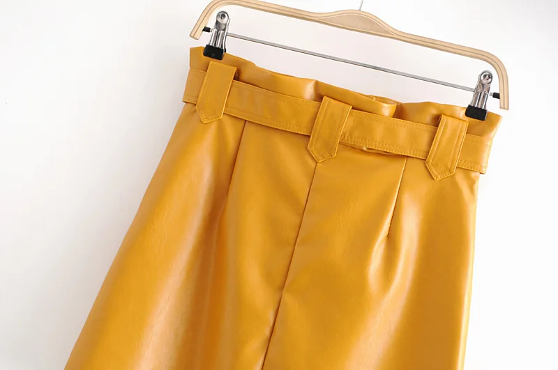 Модная женская юбка Za летняя желтая искусственная элегантная искусственная кожа с поясом и карманами мини юбки для женщин