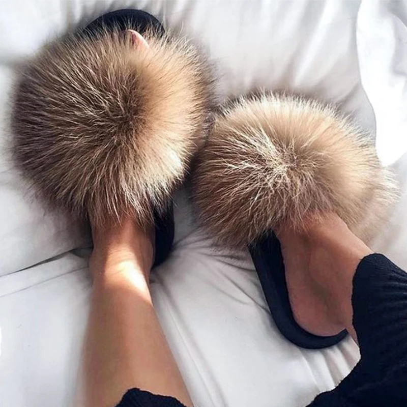 100% Real Fox Fur Slippers Womens Plus Raccoon Fur Casual Slides Flat Shoes 