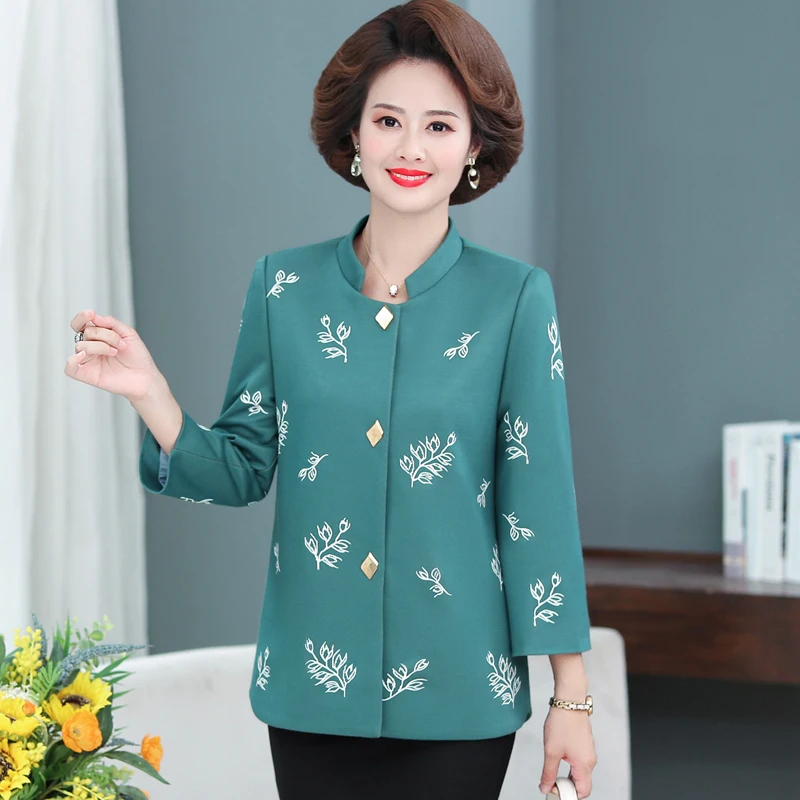 Green Khaki Red Floral Blazer Women Autumn Spring Elegant Jacket Suit Mature Woman Round Collar Cropped Sleeve Blazers Plus Size