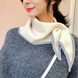Women Triangular Scarves Winter Woolen Knit Elastic Bow Cross Warm Scarf Female Solid Color Soft False Collar Neck Guard Bib