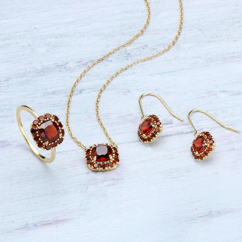 

Natural Red Stone Jewelry Set Gold S925 Silver Vintage Square Crystal Flower Cluster Hook Earring Boho Ring Necklace Pendant Set