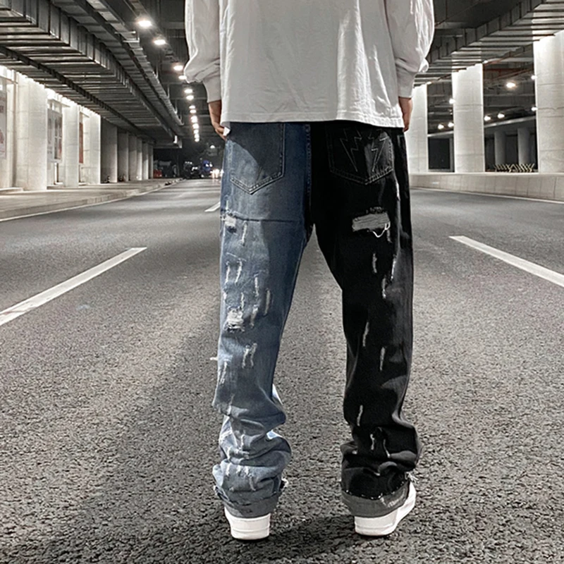Color Block Hole Washed High Street Jeans For Men Straight Retro Frayed  Casual Denim Pants Harajuku Baggy Oversize Trousers - Jeans - AliExpress