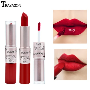 

TEAYASON Lipstick Double-Head Non-stick Cup Matte Lip Gloss 2-in-1 Lasting Waterproof Matte Bean Paste Color 12 Colors Red Lip
