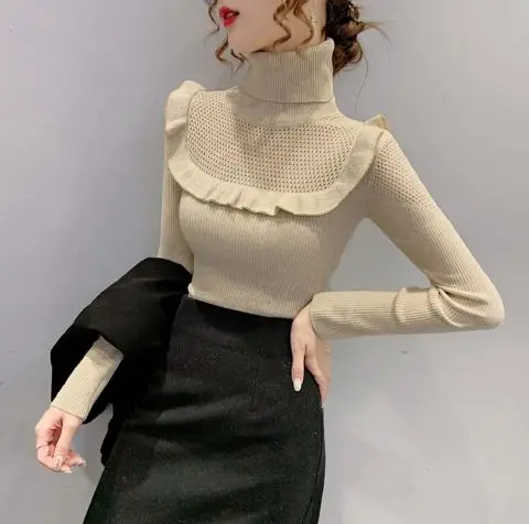 Ladies Korean Turtleneck Sweater Fashion Auricular-Side Slim Knit Multi-Color Autumn And Winter Bottom Unlined New Style pink sweater