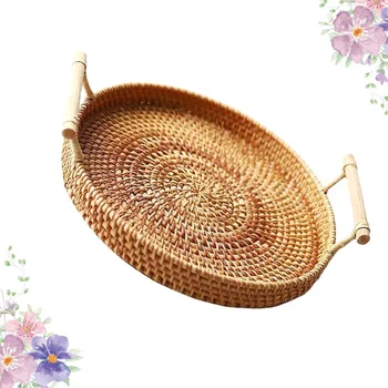 

1PC Rattan Woven Basket Practical Picnic Ratten Tray Outdoor Storage Basket Portable Picnic Basket (Medium, Diameter 28x3.5cm)