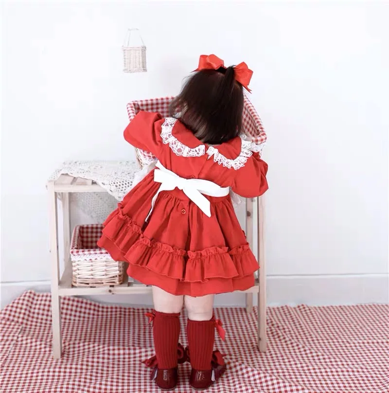 Осенне-зимний красный вельветовый фартук с вышитым кроликом для маленьких девочек, винтажный английский испанский наряд для Бала Лолита, платье для девочек на Рождество