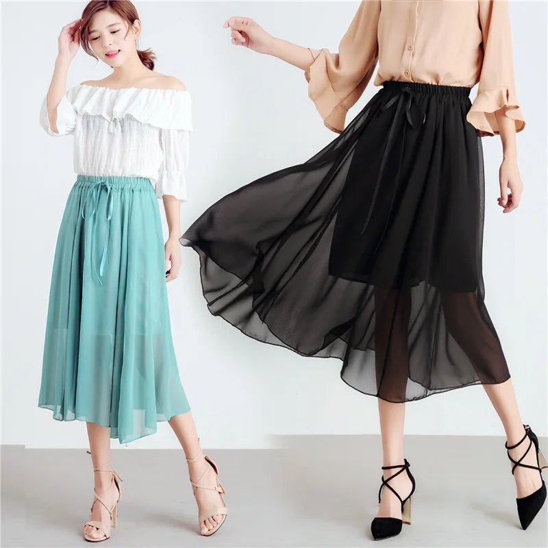 

2018 Summer New Style Korean-style Simple Versatile High-waisted Solid Color Slimming Mid-length Chiffon Skirt