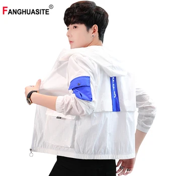 

New Men's Thin Jacket 2020 Summer Hooded Comfortable Letter Print Splicing Pocket Fashion Sun Protection Clothing Male F919