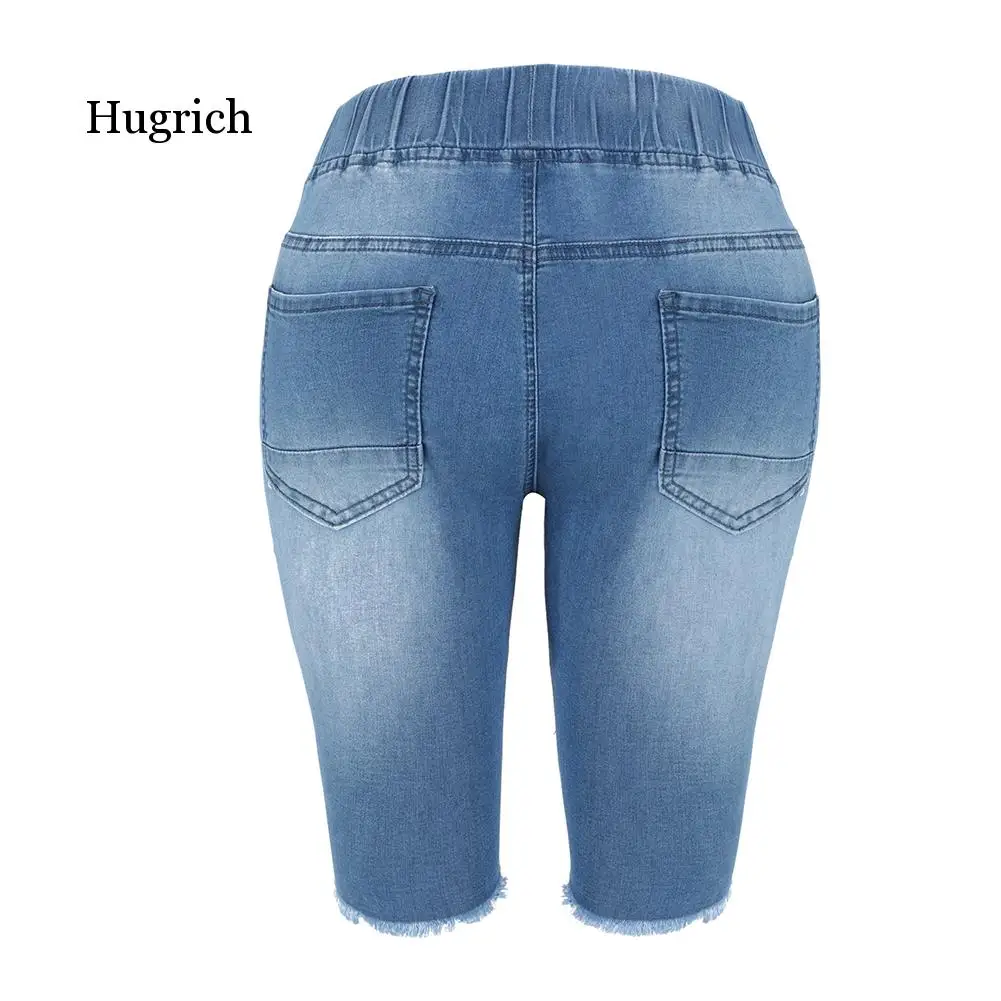 Summer Denim Ripped Bermuda Shorts Women Blue Drawstring Closure Distressed Knee Length Stretch Short Jeans