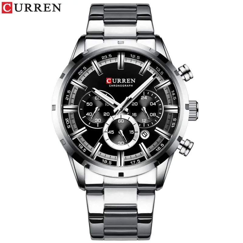 Silver Black CURREN Часы мужские из нержавеющей стали Кварцевые наручные часы Военные хронограф мужские часы модные повседневные спортивные водонепроницаемые часы - Цвет: Silver Black