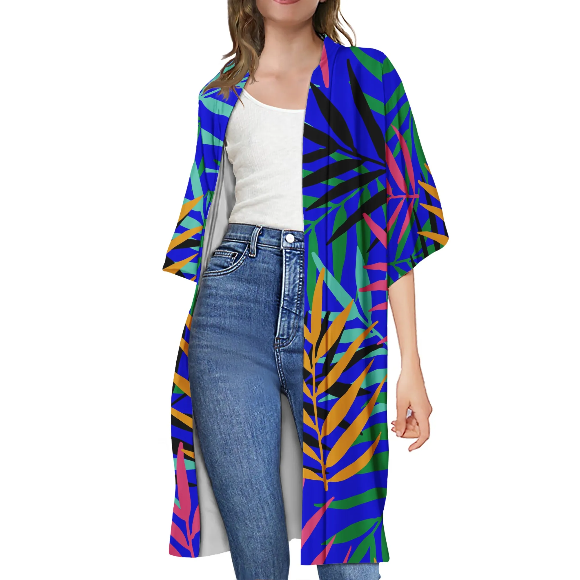 

Custom Cloak Polynesian Tribal Design Design Short Sleeve tops Women Cardigan Trench Coat Girl Sun Protection Kimono