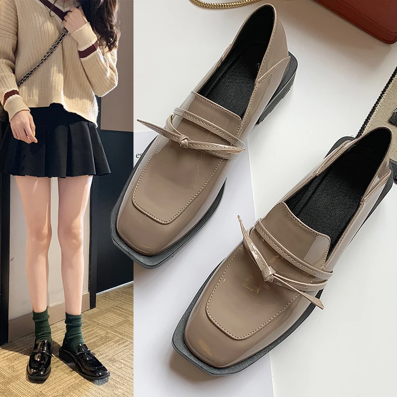 

Patent Leather Ballet Flats Square Toe All-Match Shoes Woman 2019 Designer Brand Luxury Women Ladies' Footwear Oxfords Women's